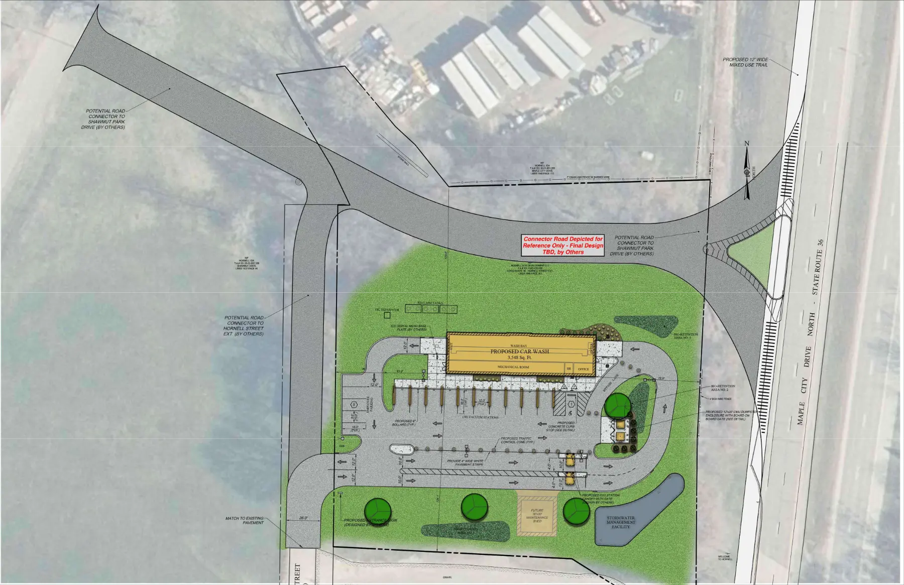 Real Clean Car Wash site layout plan showing the car wash facility, vacuum stations, and access roads